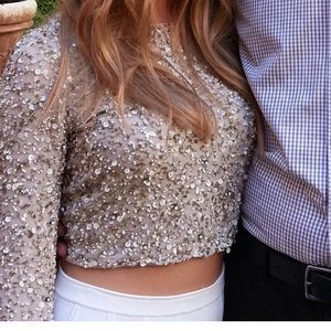Alice & Olivia sequin/jewel crop long-sleeve top